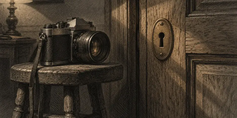 Gravür tarzı illüstrasyon: ağır ahşap kapının anahtar deliği ve önünde tabureye konmuş eski bir fotoğraf makinesi.